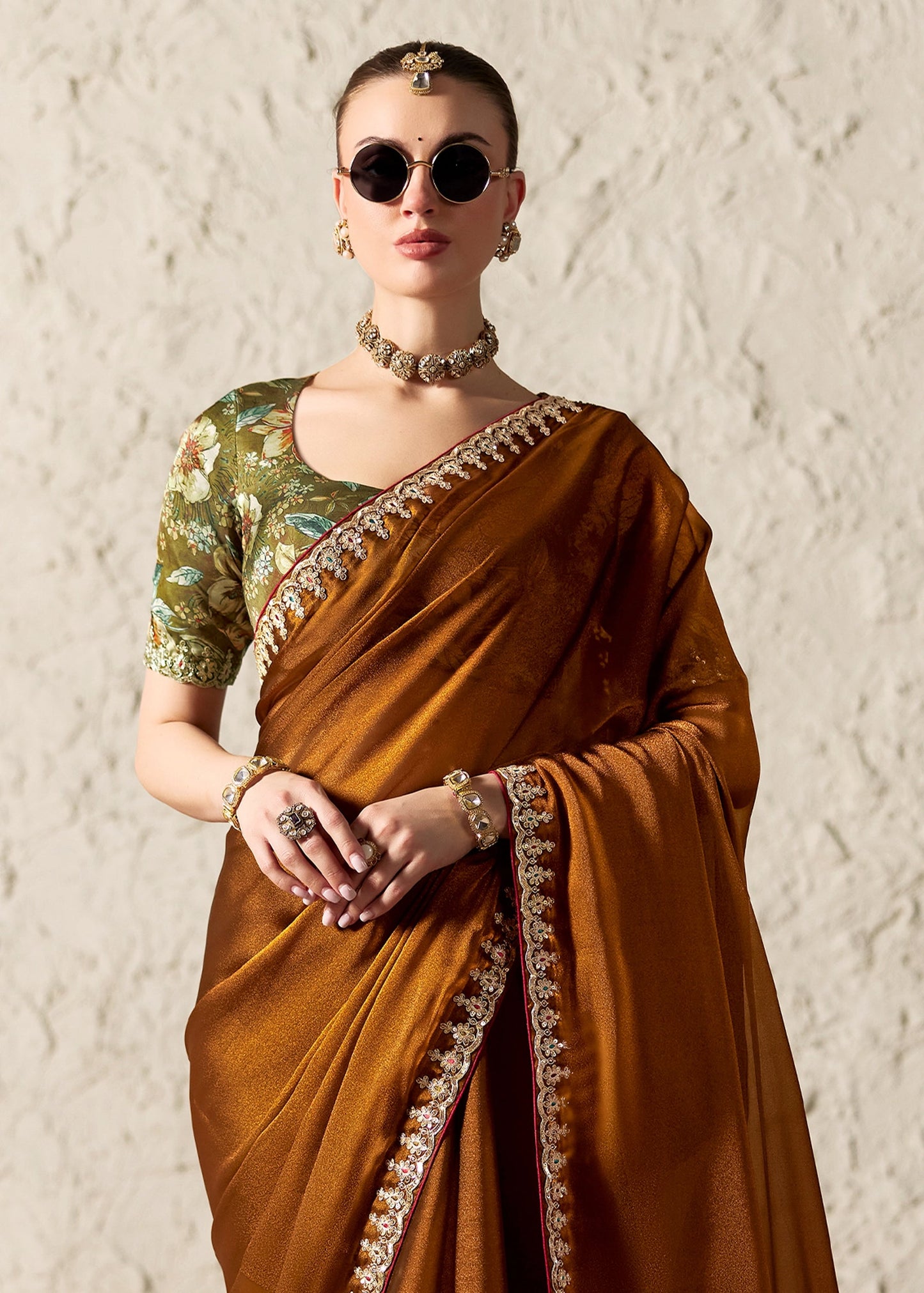 Copper Brown Soft Tissue Silk Designer Saree