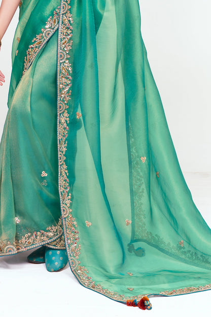 Sea Green Tissue Organza Silk Partywear Saree