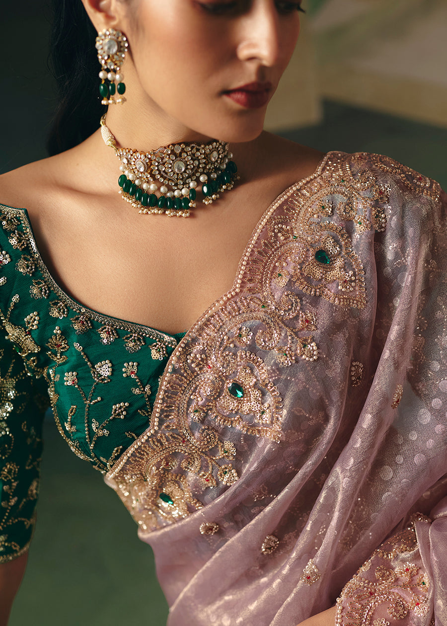 Lavender Tissue Silk Heavy Blouse Designer Saree