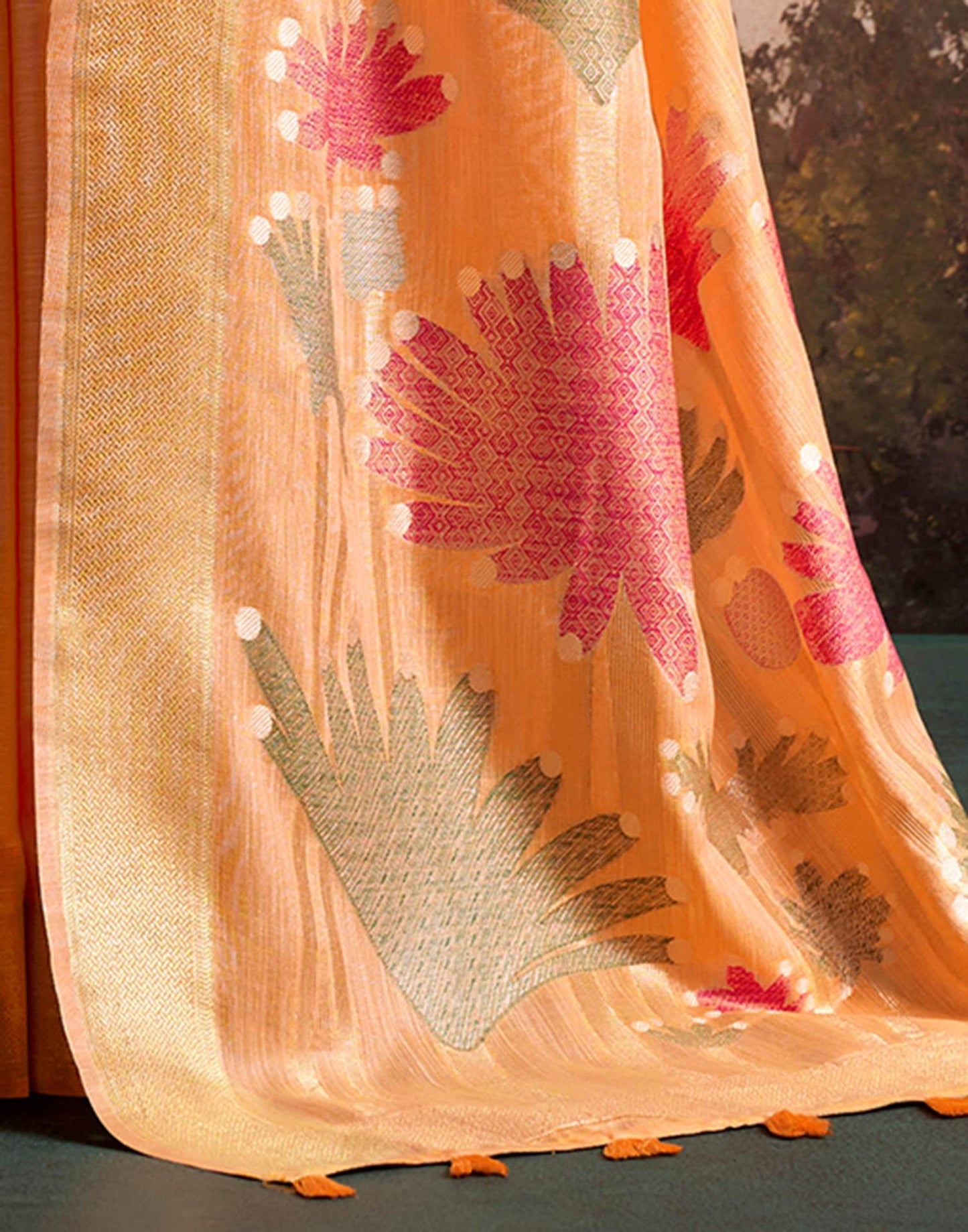 Pure Linen Silk Orange Saree with Weaving Work