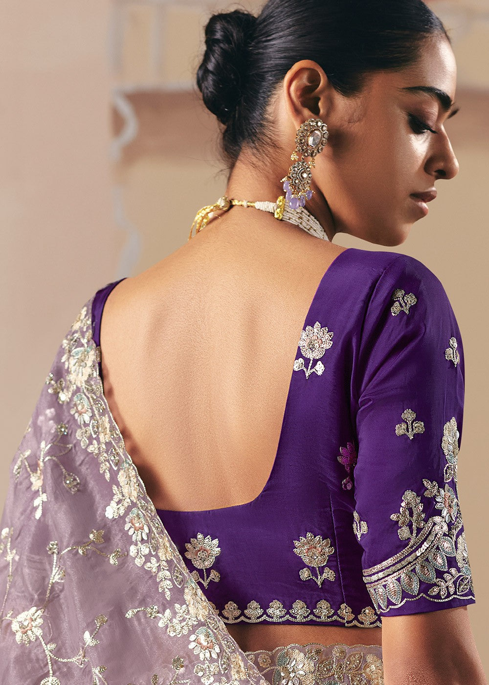 Lavender Tissue Saree With Resham Sequins Work