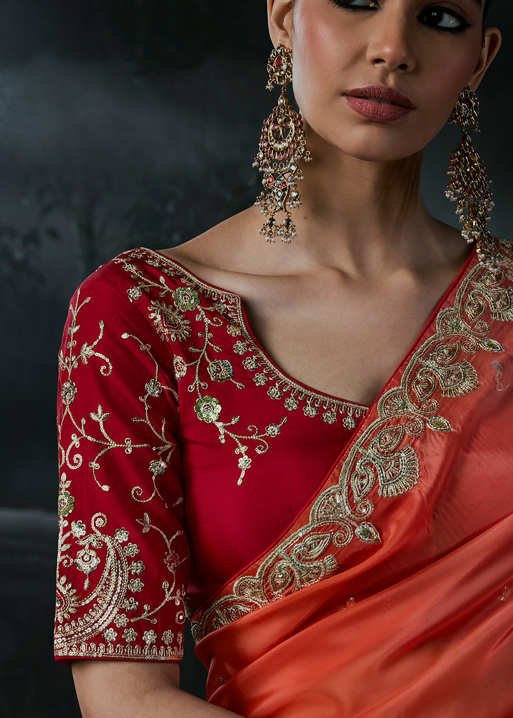 Orange Pink Ombre Tissue Silk Designer Saree