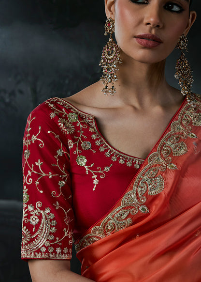 Orange Pink Ombre Tissue Silk Designer Saree