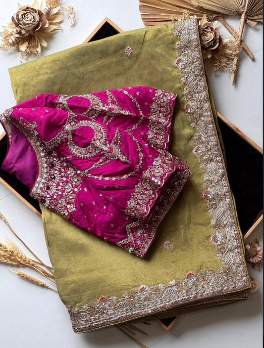 Sage Green Soft Tissue Silk Designer Saree with Readymade Blouse