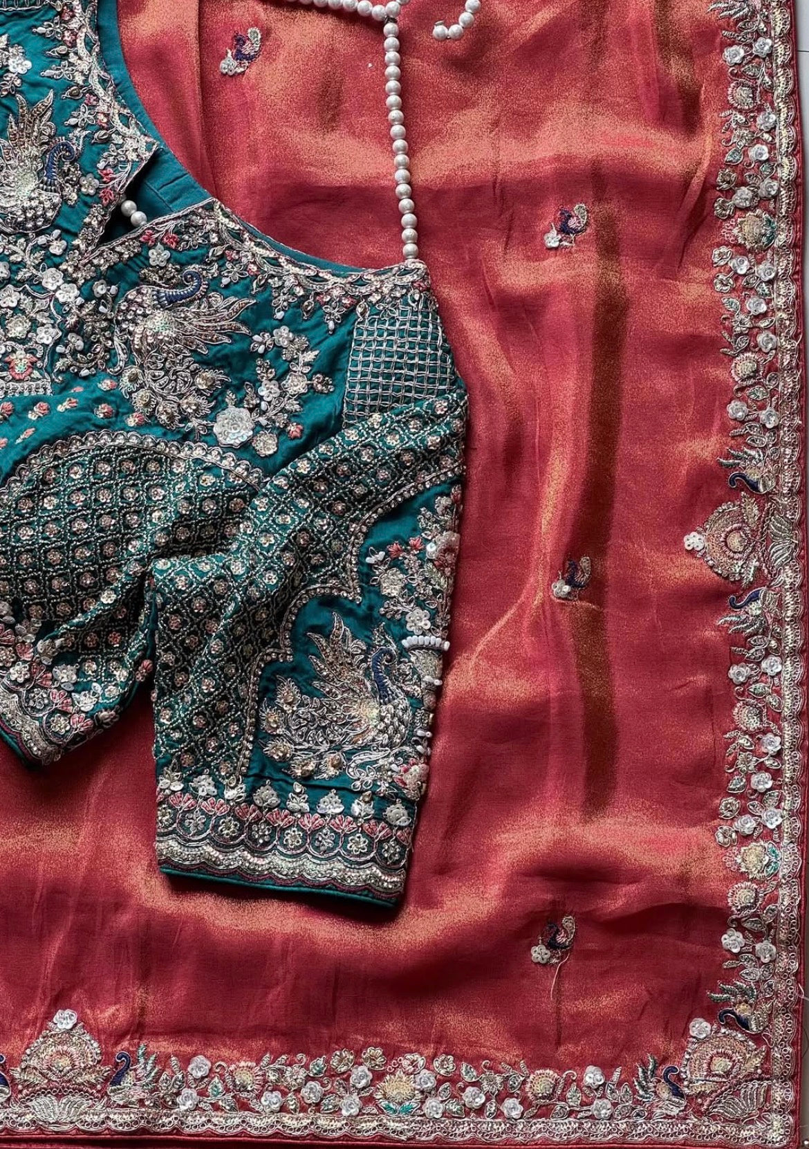 Peach Tissue Silk Designer Saree with Heavy Readymade Blouse