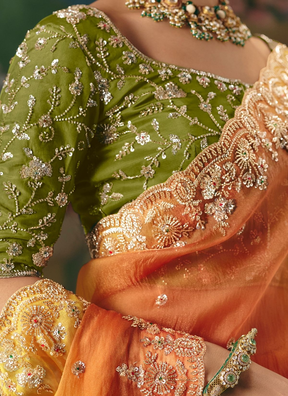 Orange & Green Soft Tissue Silk Designer Saree