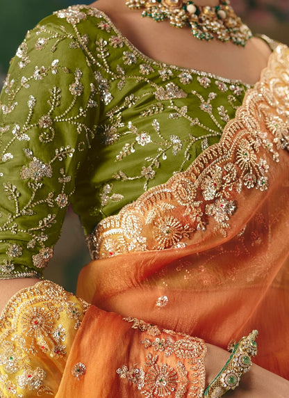 Orange & Green Soft Tissue Silk Designer Saree