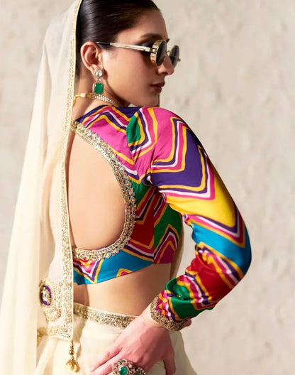 Off White Tissue Silk Designer Saree with Multicolour Blouse