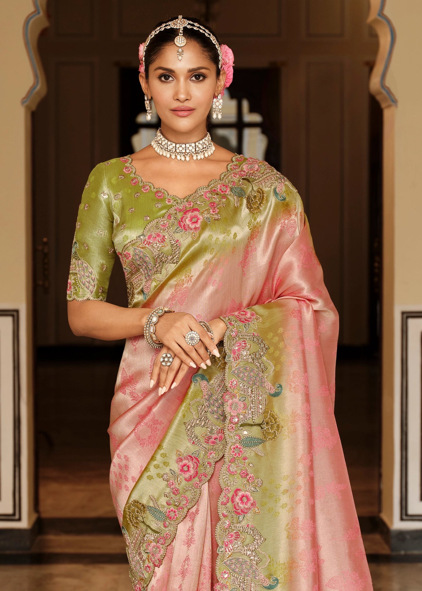 Pink Green Embroidered Border Zari Viscose Silk Saree With Dusty Green Blouse