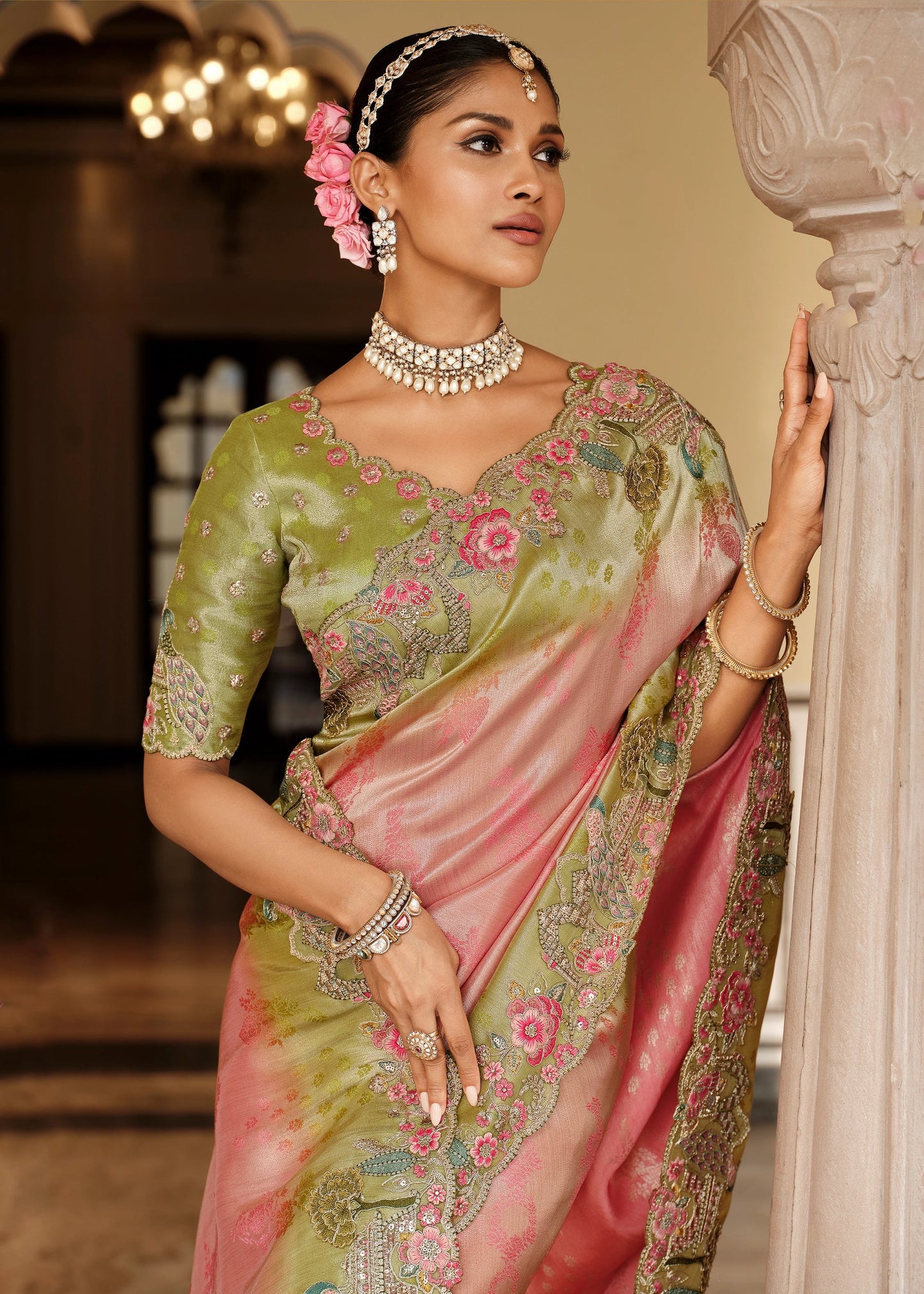 Pink Green Embroidered Border Zari Viscose Silk Saree With Dusty Green Blouse