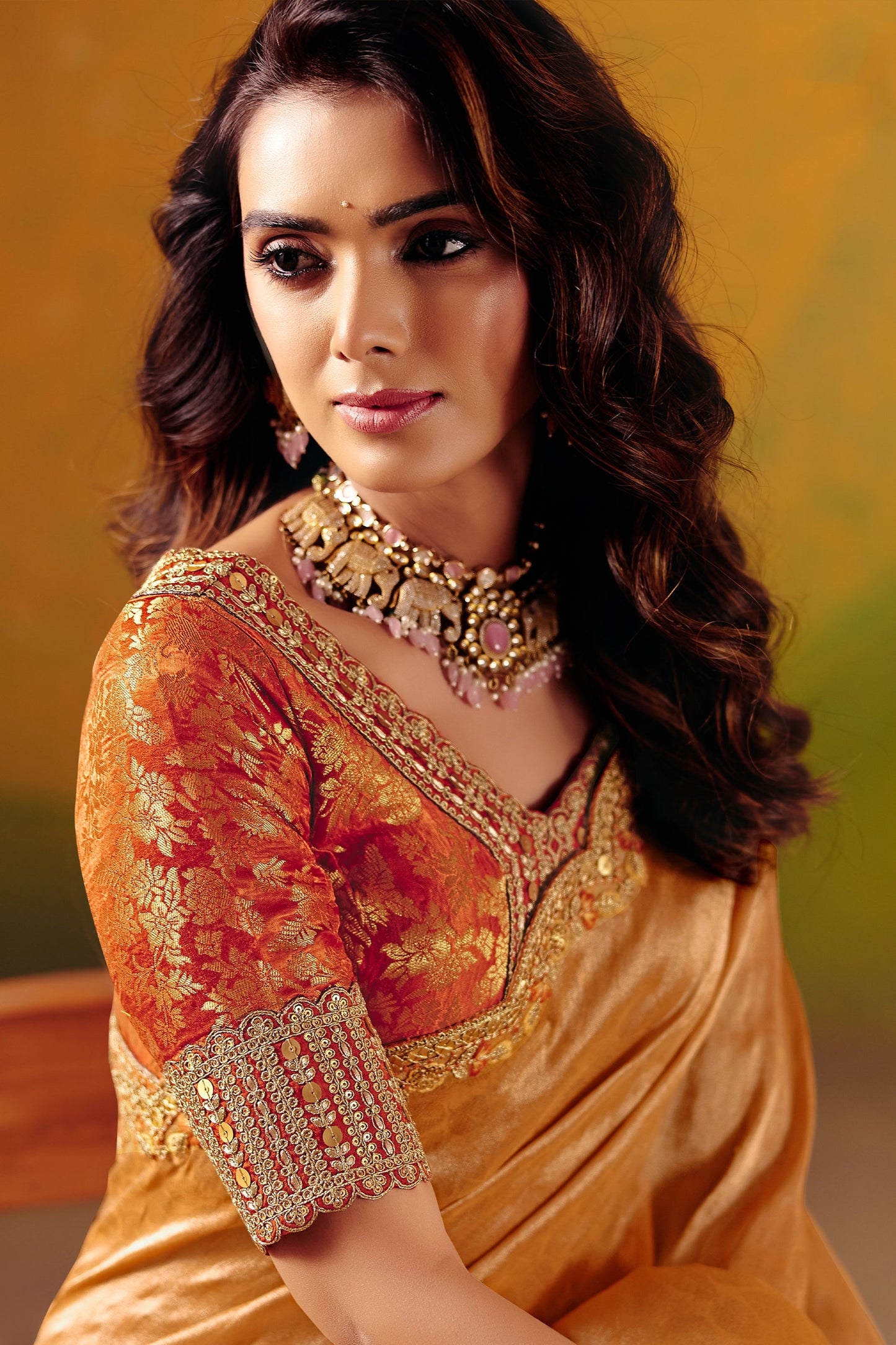 Orange Zari Viscose Tissue Saree With Orange Embroidered Silk Stitched Blouse