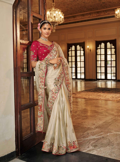 Creme Silk Traditional Saree with Maroon Heavy Blouse