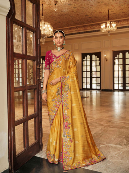 Mustard Yellow Silk Traditional Saree with Maroon Heavy Blouse