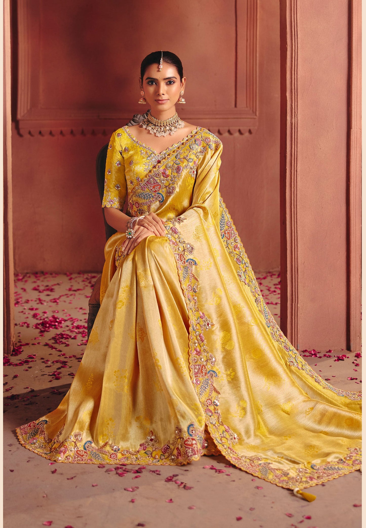 Mustard Yellow Zari Viscose Silk Saree With Mustard Yellow Blouse