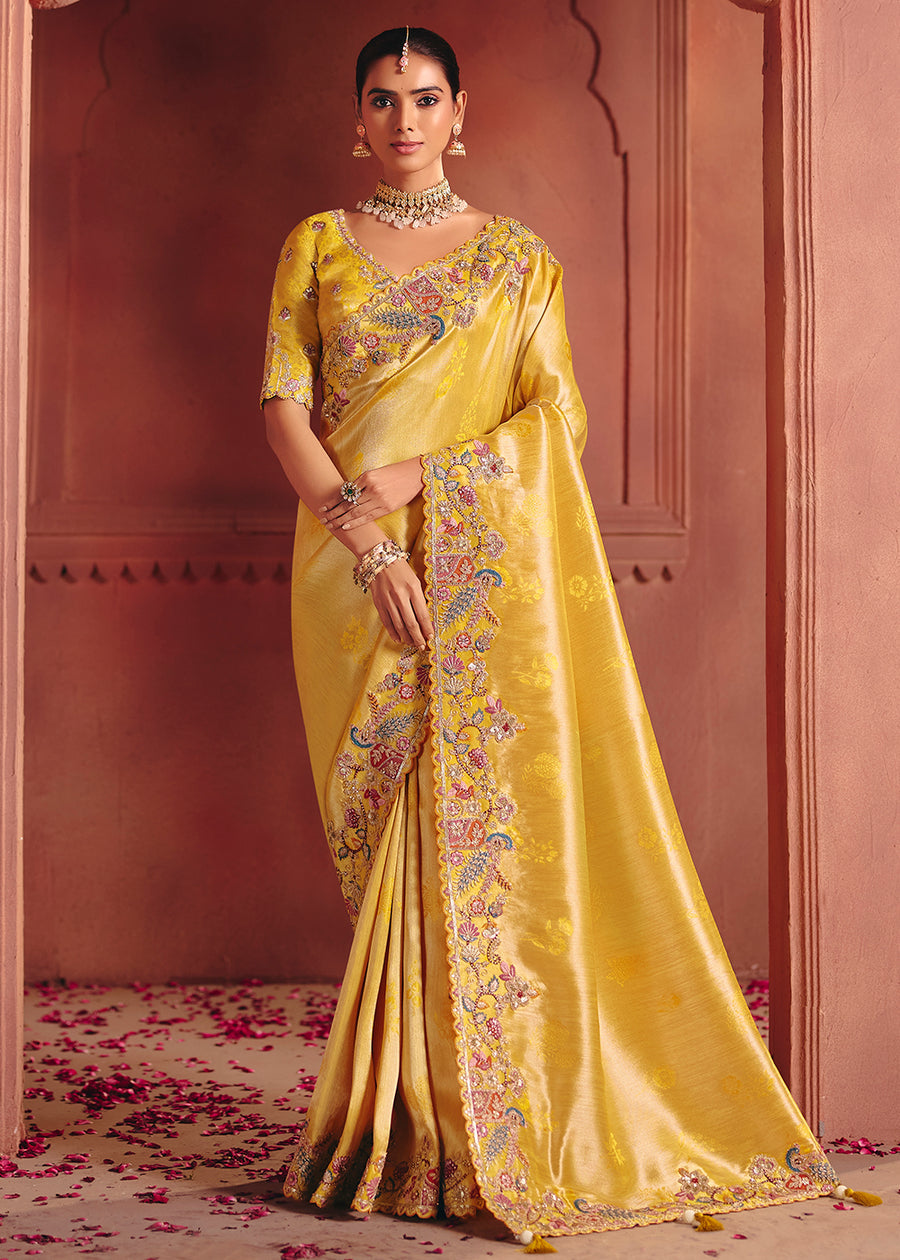 Mustard Yellow Zari Viscose Silk Saree With Mustard Yellow Blouse