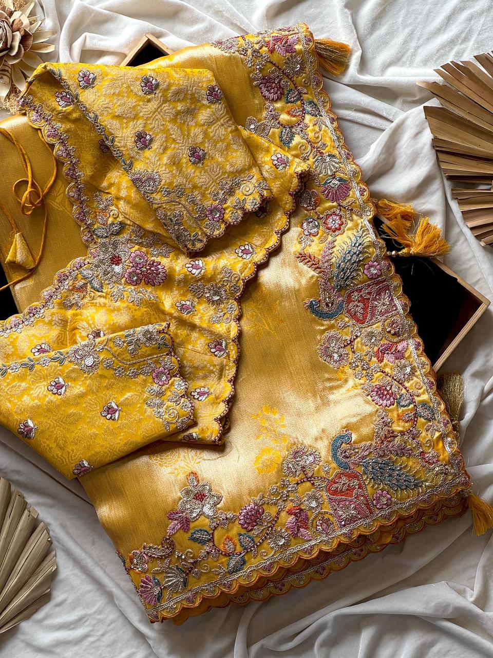 Mustard Yellow Zari Viscose Silk Saree With Mustard Yellow Blouse