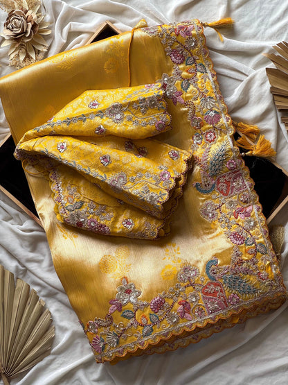 Mustard Yellow Zari Viscose Silk Saree With Mustard Yellow Blouse