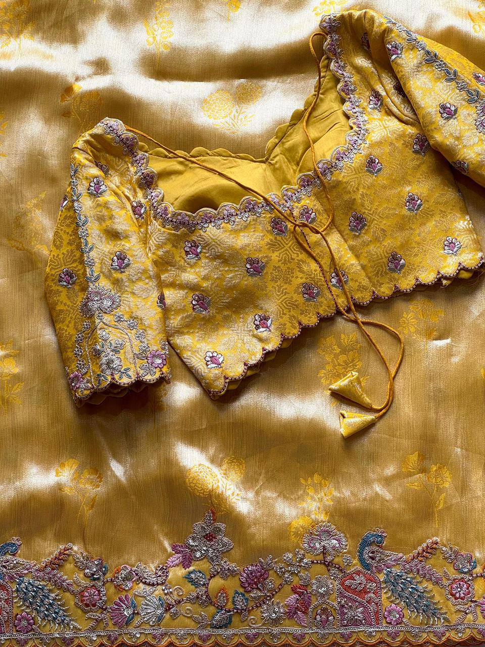 Mustard Yellow Zari Viscose Silk Saree With Mustard Yellow Blouse
