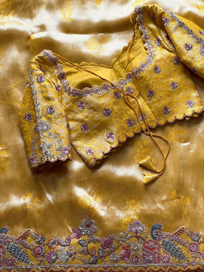 Mustard Yellow Zari Viscose Silk Saree With Mustard Yellow Blouse