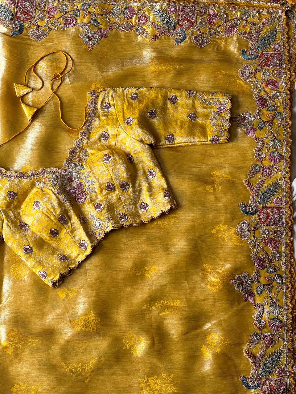 Mustard Yellow Zari Viscose Silk Saree With Mustard Yellow Blouse