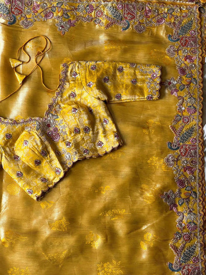 Mustard Yellow Zari Viscose Silk Saree With Mustard Yellow Blouse