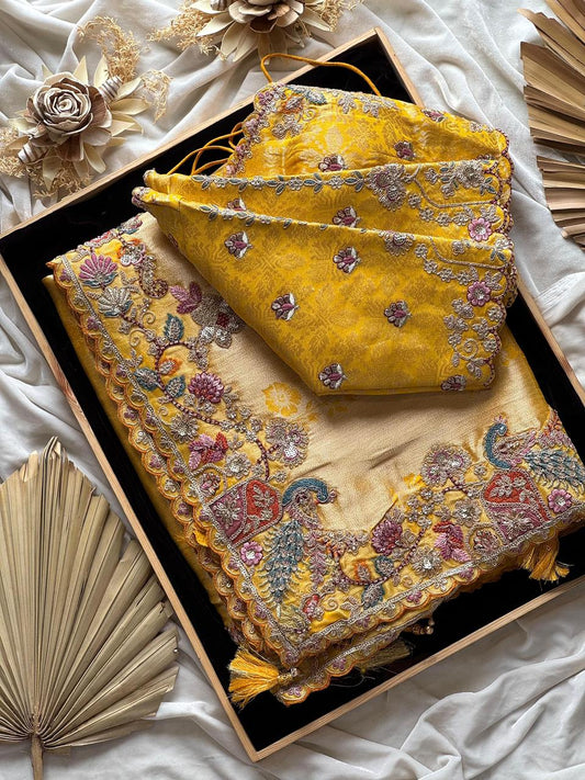 Mustard Yellow Zari Viscose Silk Saree With Mustard Yellow Blouse